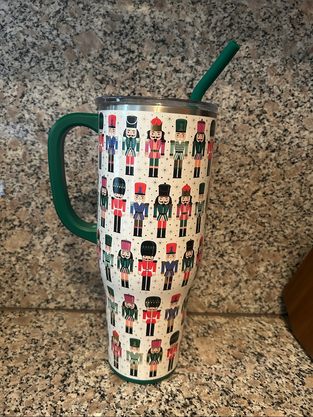 Green Handle Nutcracker Pattern Travel Tumbler with Straw